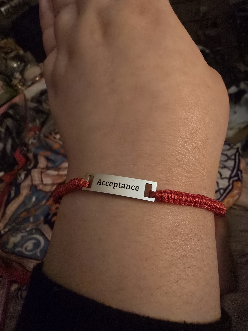 Autism Acceptance Engraved Bar Bracelet with Red Cord